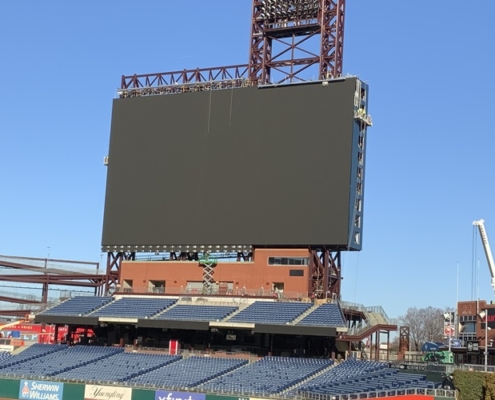 The Philadelphia Phillies scoreboard now projects crystal clear images over Citizens Bank Park, thanks to the work of two electrical contractors. Photo by Dave Morris, project manager for Hatzel & Buehler Inc.
